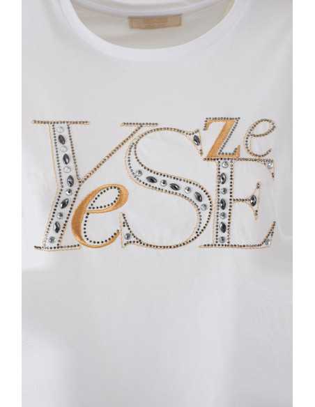 Camiseta manga corta letras pedrería YES-ZEE